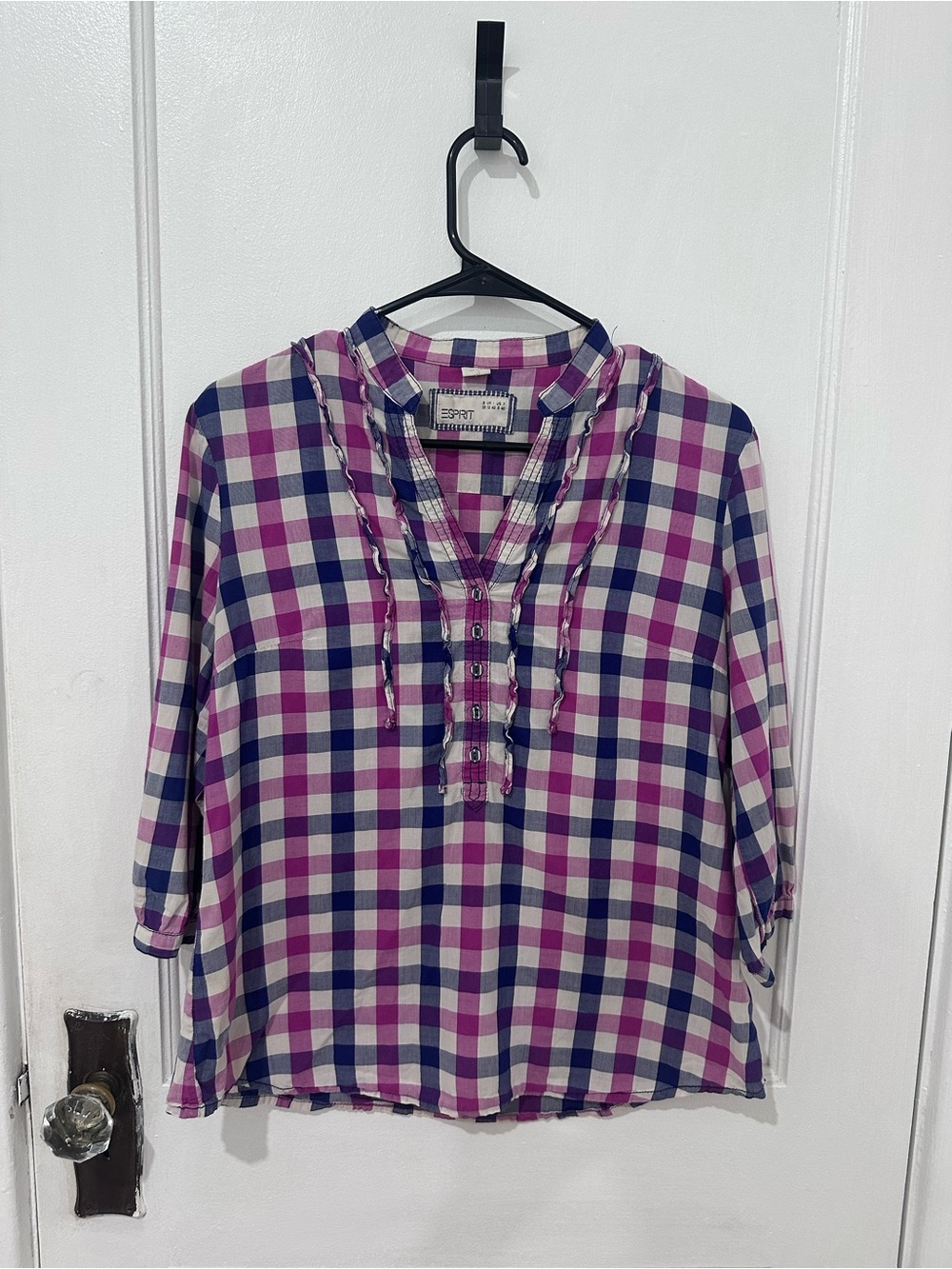 Vintage Esprit Women’s Pink Plaid Cotton Blouse with Ruffle Jabot Sz 6/8